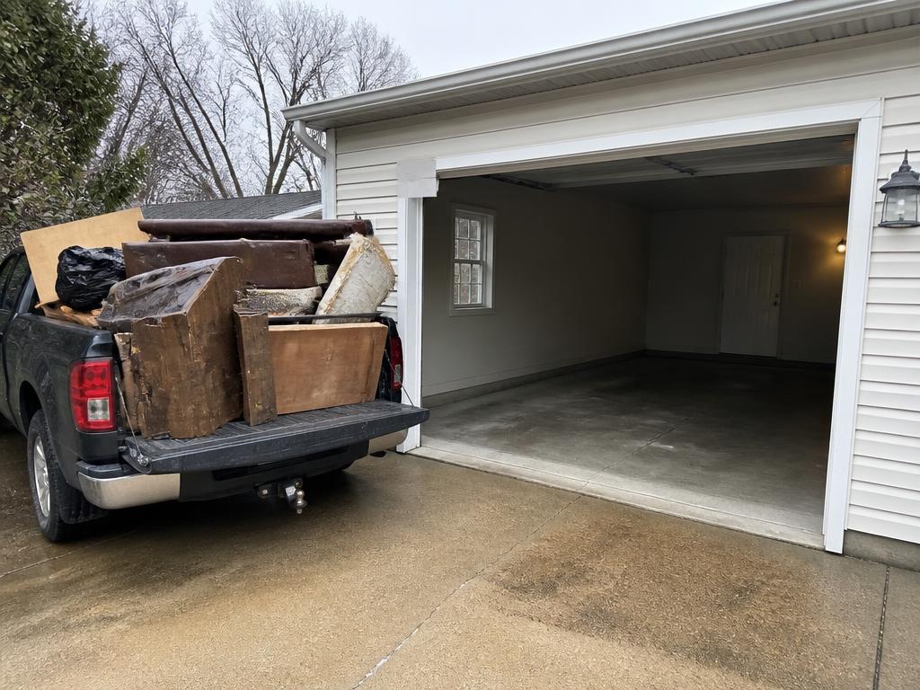 Garage cleanout with debris loaded into a pickup truck